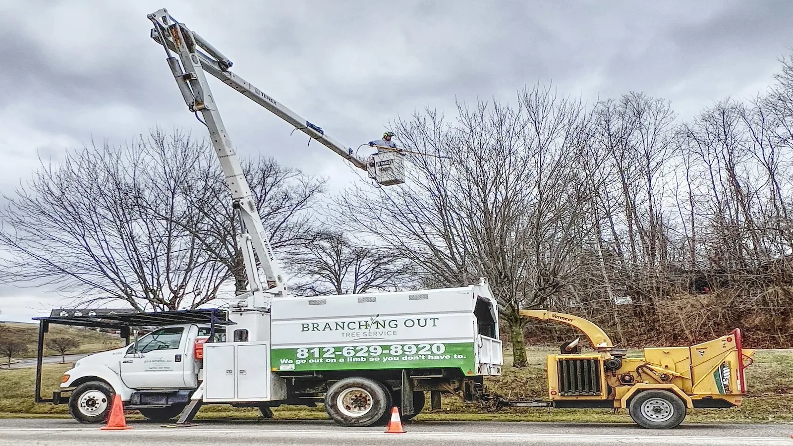 Branching Out bucket truck and yellow chipper beside trees